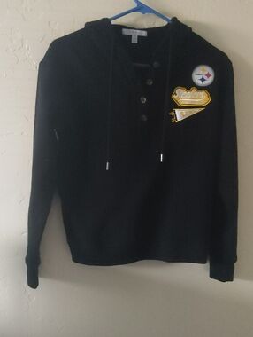 Black Pittsburgh Steelers Henley Hoodie with Embroidered Patches